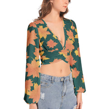 Fall leaves Women's Deep V-Neck Lantern Sleeve Crop Top