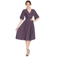 Purple Butterfly Sleeve Shirred High Waist A Line Midi Dress