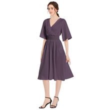 Purple Butterfly Sleeve Shirred High Waist A Line Midi Dress