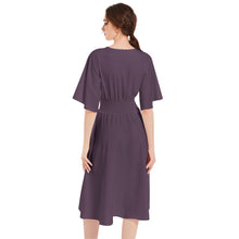Purple Butterfly Sleeve Shirred High Waist A Line Midi Dress