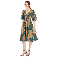 Fall Leaves Green Butterfly Sleeve Shirred High Waist A Line Midi Dress