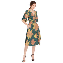 Fall Leaves Green Butterfly Sleeve Shirred High Waist A Line Midi Dress