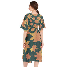 Fall Leaves Green Butterfly Sleeve Shirred High Waist A Line Midi Dress